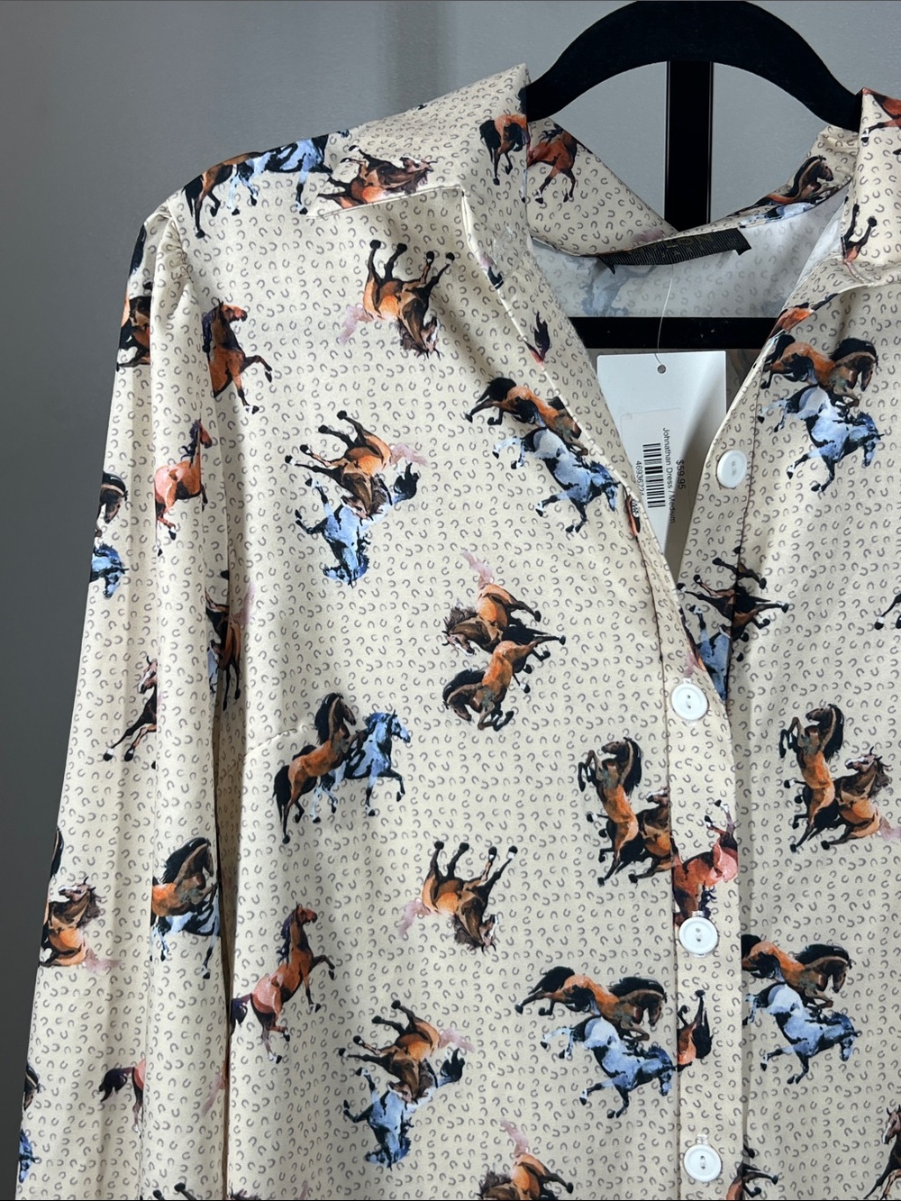 Nylon Apparel Women’s Beige Horse-Print Button-Down Dress - Picture 2 of 6